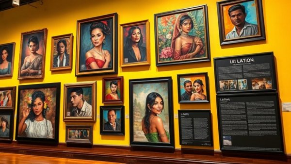 Latino art display on yellow wall highlighting black velvet art, Michigan museum.