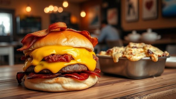 Towering burger and cheesy dish in Michigan restaurant