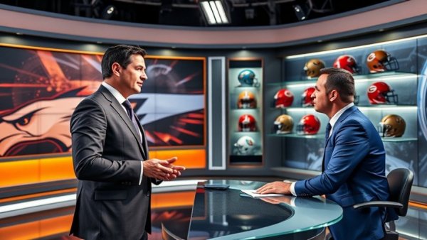 Sports broadcaster discussing 2026 sports events with helmets on display.