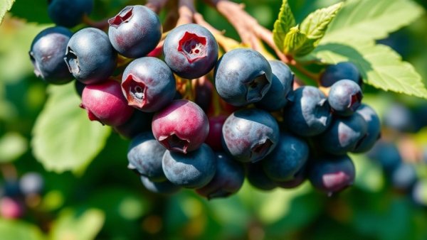 Close-up of ripe blueberries on a bush, highlighting Michigan agriculture.