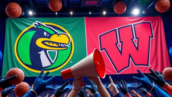 Oregon Ducks vs. Wisconsin Badgers game banner with sports elements.