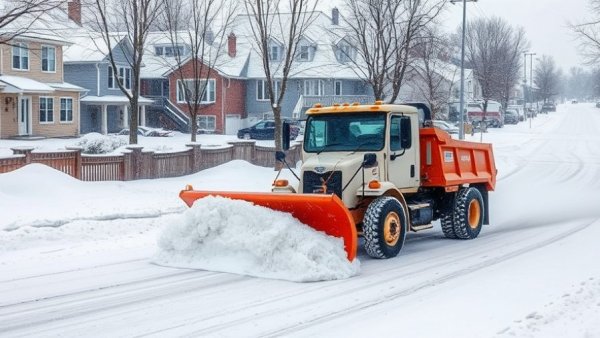Snowplow clearing snow-covered New York City street.