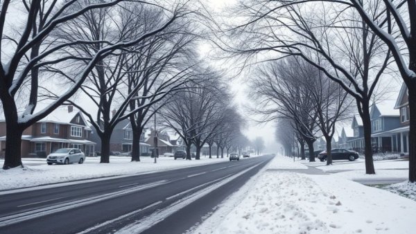 Snow-covered street in Muskegon, highlighting winter scene.