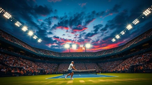 Exciting night tennis match at Australian Open 2026 under vibrant lights.