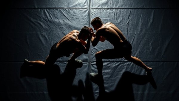Dynamic wrestler shadows clash on mat during Illinois vs. Michigan NCAA Wrestling livestream.