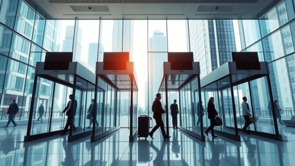 Futuristic security and access control trends 2026 in a modern building.