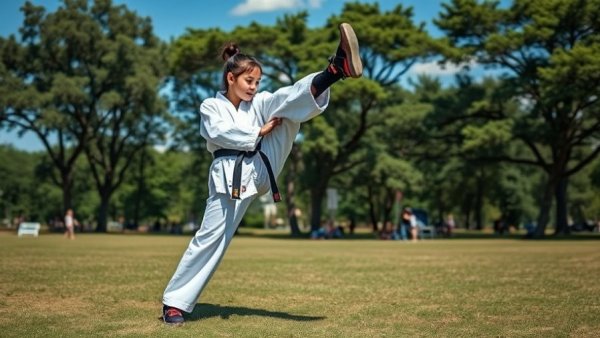 Taekwondo demonstration at outdoor event, woman kicks pad, UNESCO recognition for taekwondo.