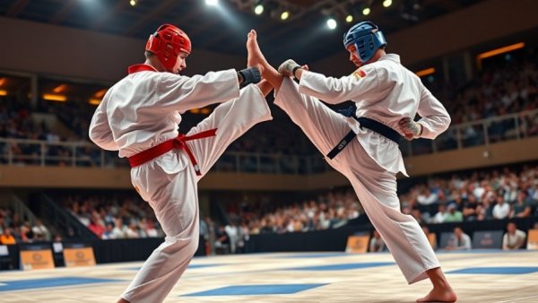 Taekwondo athletes sparring in a vibrant sports arena.
