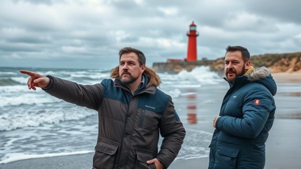 Two men on a Michigan beach pointing at a lighthouse, Michigan health emergency.