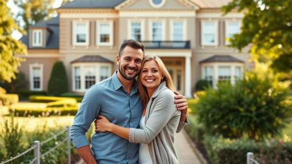 Happy couple in front of suburban house symbolizing real estate wealth.