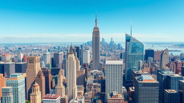 Aerial view of Manhattan skyline showcasing skyscrapers and urban landscape.