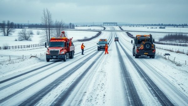Snowy Michigan road with tow trucks aiding; winter travel safety.