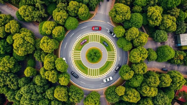 Aerial view of roundabout with cars in Michigan, lush green surroundings.