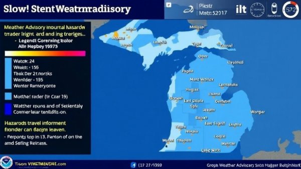 Weather advisory map for Michigan hazardous road conditions with snowfall and wind warnings.
