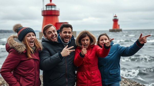 Excited influencers explore South Haven; pointing at a lighthouse on a wavy lake.