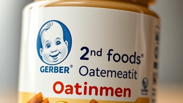 Close-up of a Gerber baby food jar with baby logo.