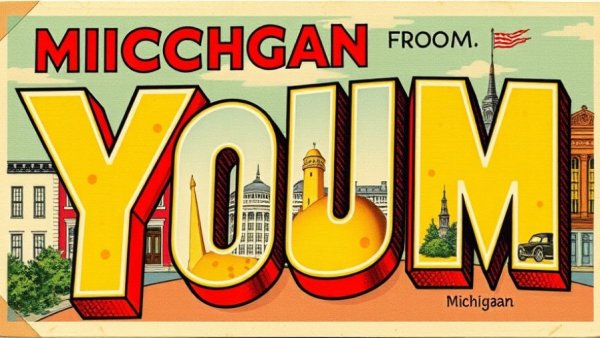 YUM cheese letters on vintage Michigan postcard, Michigan best restaurants 2025.