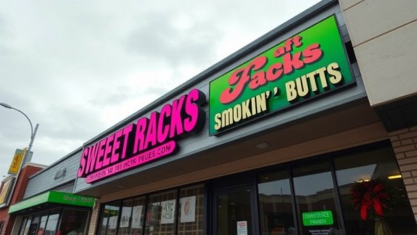 Street view of Sweet Racks and Smokin' Butts BBQ storefront with signage.