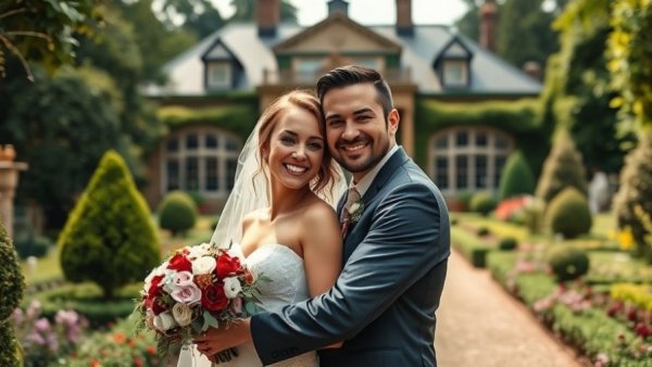 Bride and groom smiling in front of mansion, lush garden setting.