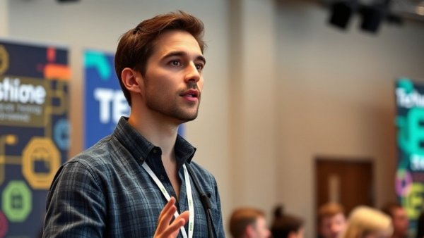 Confident speaker discussing Michigan startup insights at tech conference.