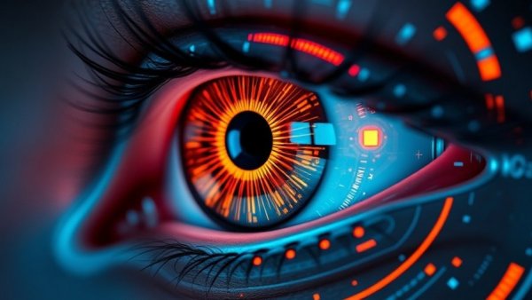 Futuristic eye with digital overlay symbolizing AI tools for small business strategies.