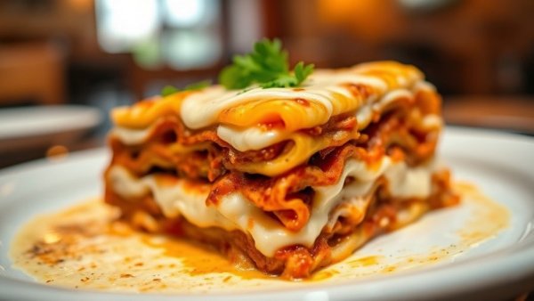 Close-up of lasagna slice with cheese and parsley.