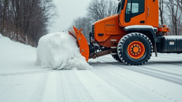 Orange snowplow pushing snow on winter road