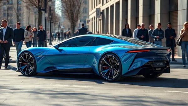 Blue all-electric luxury car in public display, city setting.
