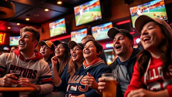 Fans cheering at college football watch party in Jacksonville bar.