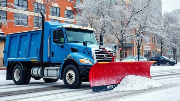 Snow removal services in Muskegon with large plow truck.