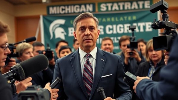 Press conference for Michigan State football coaching staff hiring, intense media presence.