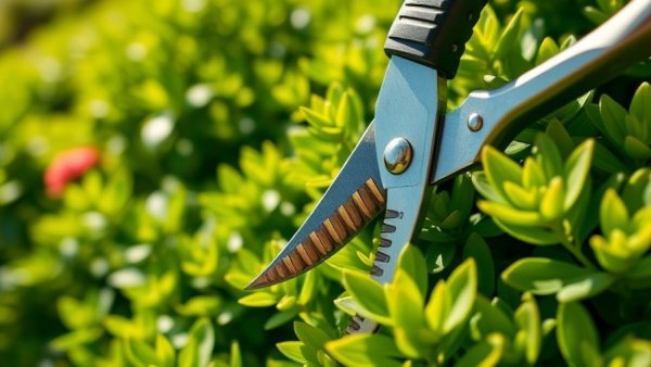 Pruning shears cutting green shrub, January pruning guide plants scene