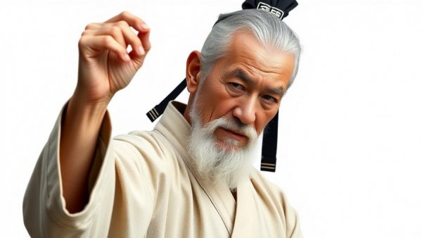 Elderly martial artist posing serenely, emphasizing martial arts legacy.