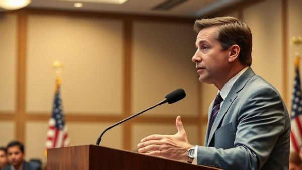 Speaker addressing health care fraud in Michigan at a podium with flags.