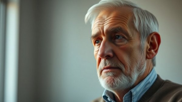 Thoughtful older man in indoor setting.