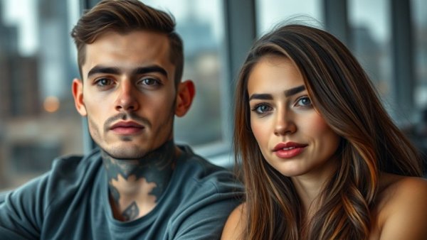 Portrait of Brooklyn Beckham and a woman, discussing real estate.