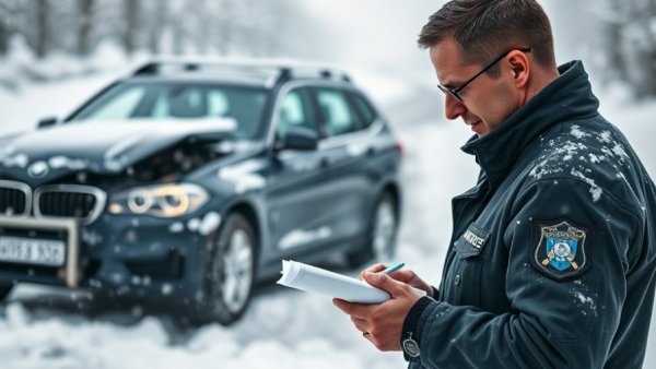 Officer assessing fault in Michigan multi-car accident on snowy road.
