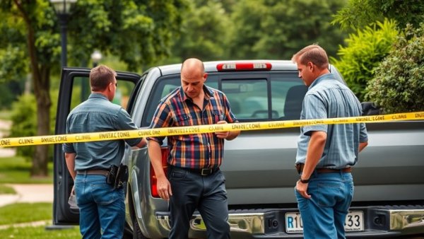Investigators at Michigan church attack crime scene, examining truck.