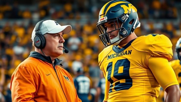 Focused Michigan coach and player strategizing during game.