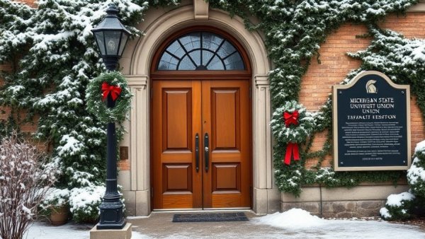 Historic Michigan State University Union entrance with festive decor.