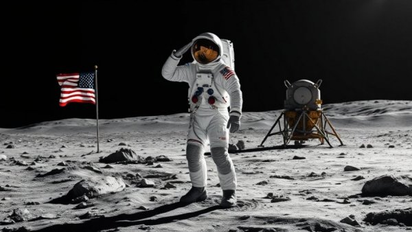 Astronaut saluting on the moon near American flag during space exploration.