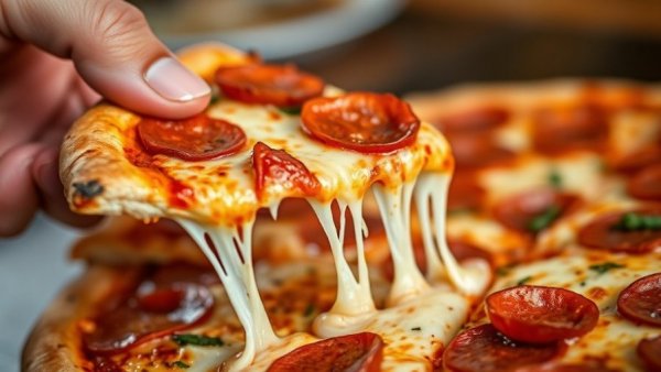 Hand pulling a pepperoni slice from Detroit-style pizza, cheese stretching.