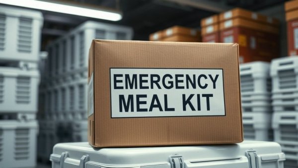 Emergency meal kit box for Michigan seniors on a cooler in a storage area.