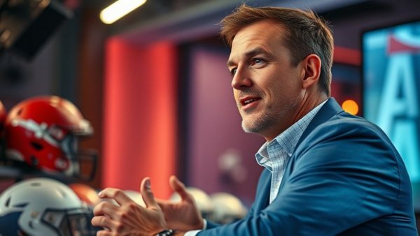 Sports commentator discussing Big Ten college football rise in modern studio.