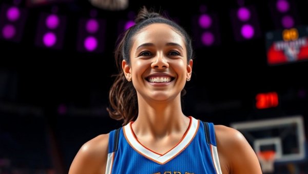 Smiling female basketball player in blue jersey at a sports venue.