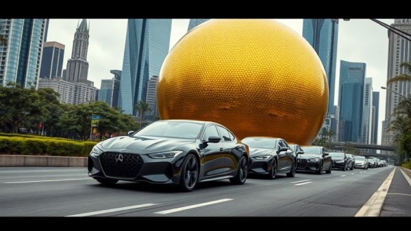 Modern cars passing a futuristic structure at an automotive dealership model.