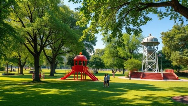 Lush green park with playground and water tower, sunny day.