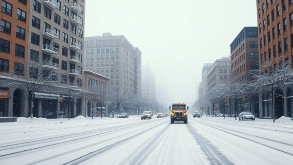 Snowplow clearing snowy street in Muskegon