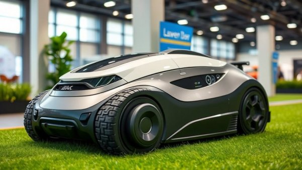 Modern automated yard tools displayed on artificial grass.