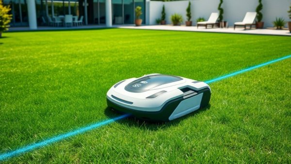 High-tech robot lawn mower Mammotion YUKA 2000 on green lawn.